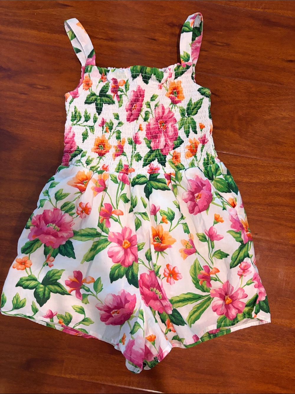 Janie and Jack White Smocked Dress with Pink and Green Floral Trim